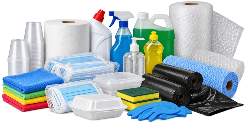 Embalagens, descartáveis e produtos de limpeza: copos, marmitex, sacos de lixo, plástico bolha, papel toalha, luvas e mais
